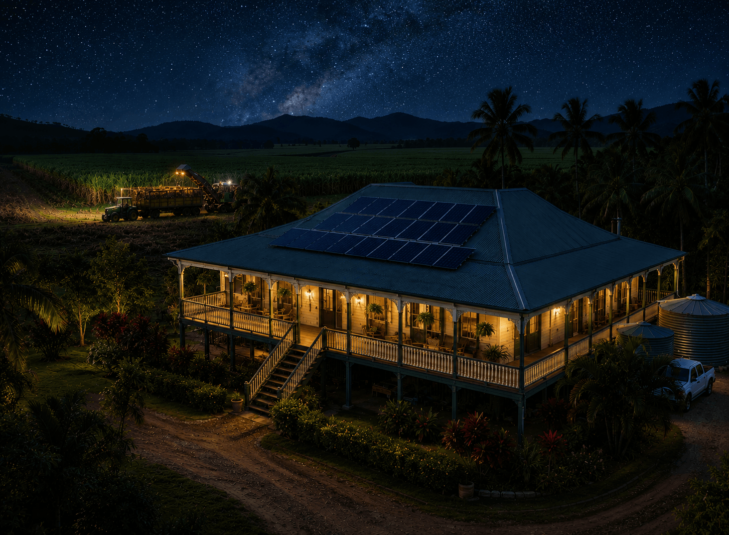 Farmhouse at night with solar