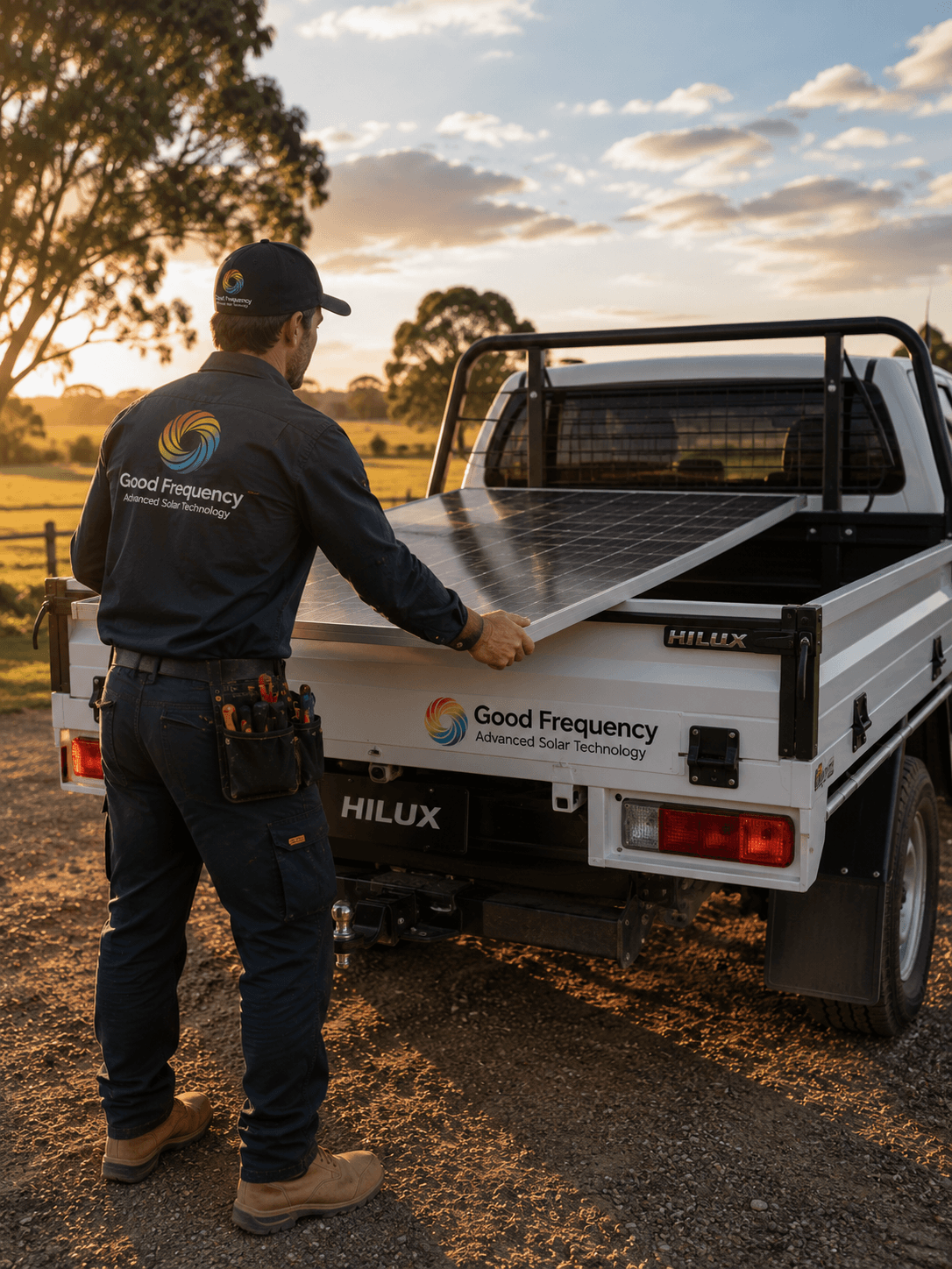 Good Frequency technician commissioning an off-grid battery system inside an Australian rural shed
