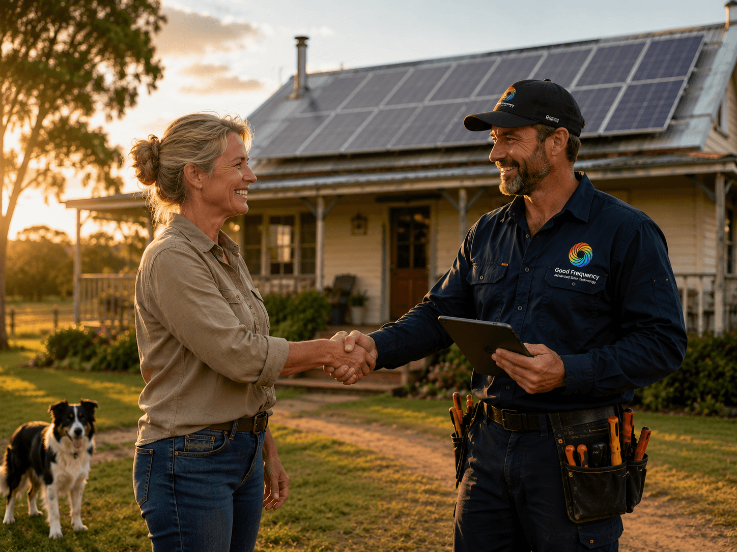 Good Frequency technician shaking hands with rural homeowner in front of a solar-powered Australian homestead at golden hour